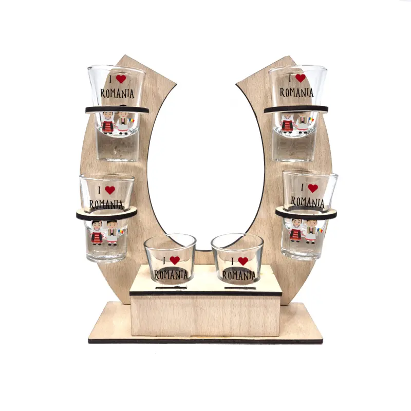 I love romania, suport potcoava din lemn cu 6 pahare tip shout, model hgs053